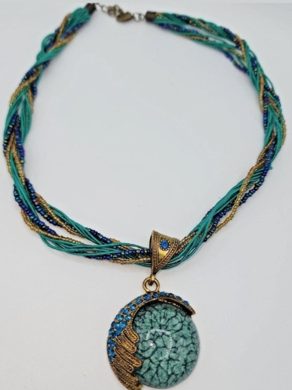 Vintage Blue & Brass Multi Strand Glass Bead Necklace - Picture 4 of 6